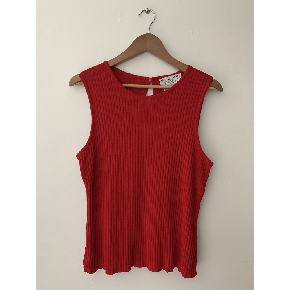 St John Holt Renfrew Wool Blend Sleeveless Top Sz M Red Ribbed Old Money Luxe